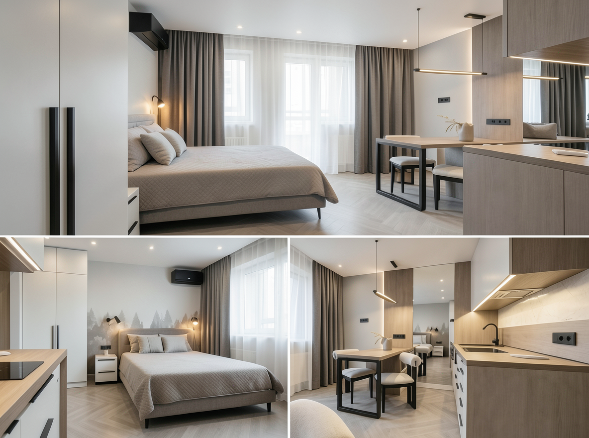 Main redesign studio: Redesign this room in a Modern interior style: clean lines, a neutral palette with bold accents, sleek low-profile furniture, glass and matte-metal su