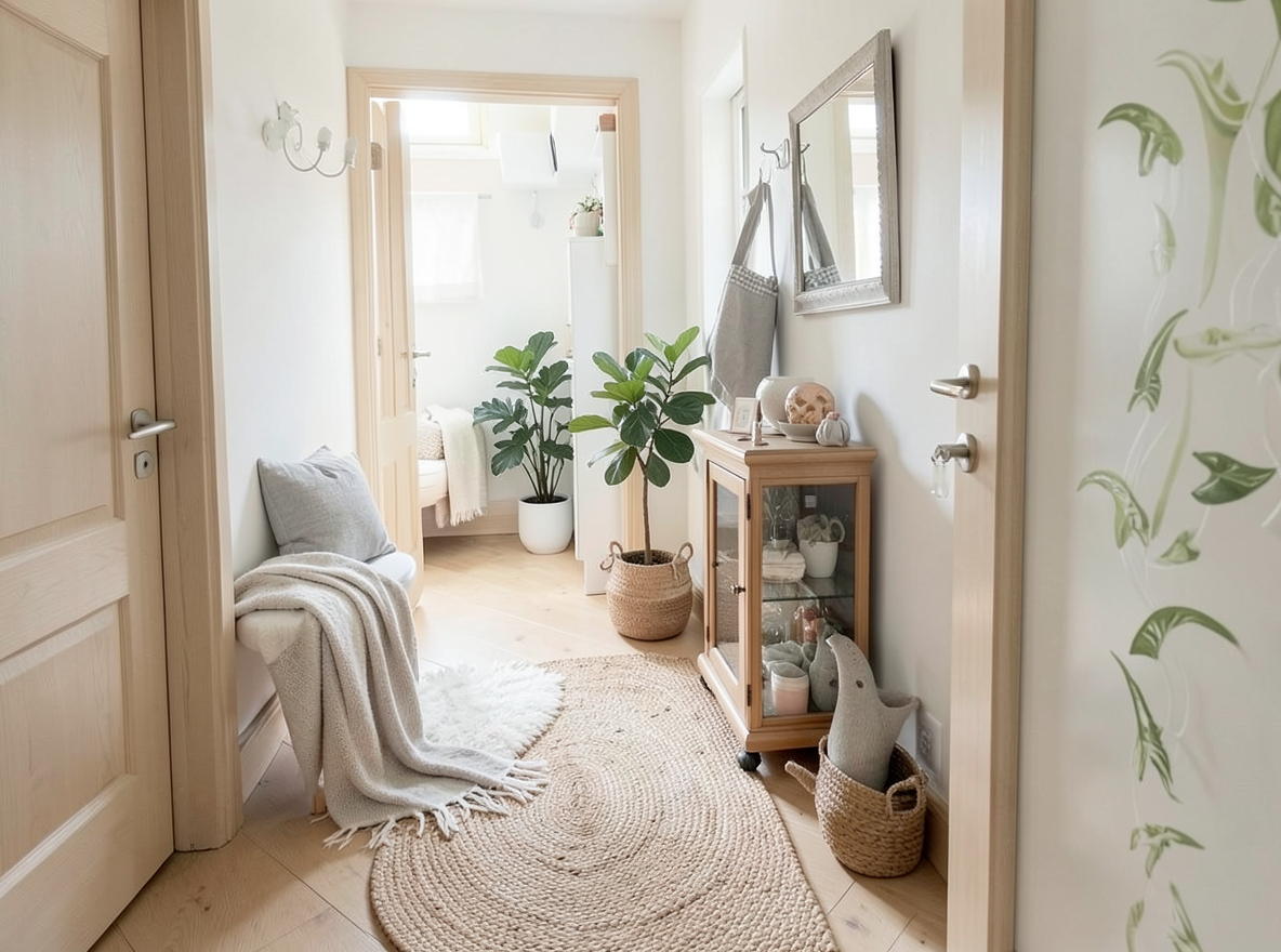 Main redesign studio: Redesign this room in a Scandinavian interior style: light oak wood, a white and soft-grey palette, wool and linen textiles, a woven jute rug, leafy p