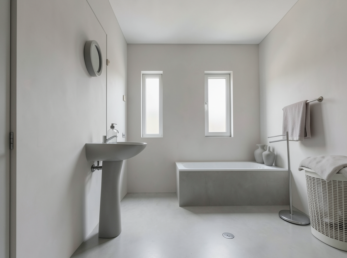 Main redesign studio: Redesign this room in a Minimalist interior style: an uncluttered space, a monochrome neutral palette, a few sculptural pieces, concealed storage, sof