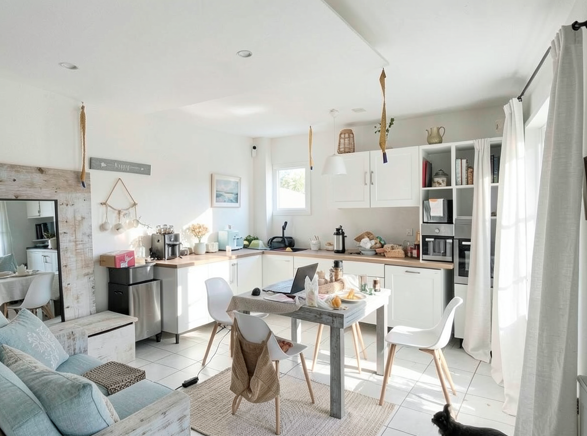 Main redesign studio: Redesign this room in a Coastal interior style: airy whites and soft-blue tones, weathered light wood, natural linen and woven textures, breezy sheer 