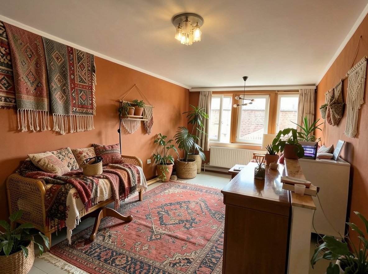 Main redesign studio: Redesign this room in a Boho interior style: layered patterned textiles, rattan and macramé, terracotta and warm earthy tones, abundant plants, vintag