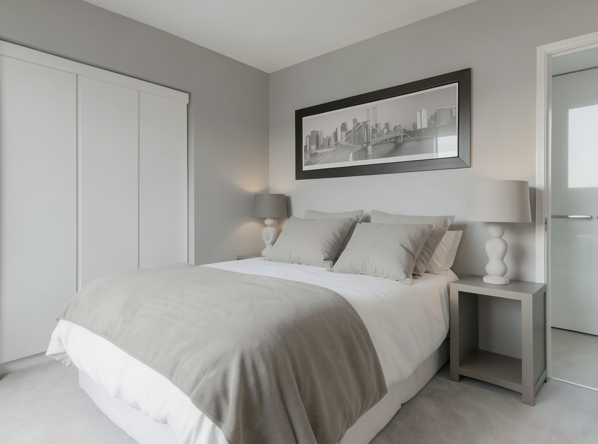 Main redesign studio: Redesign this room in a Minimalist interior style: an uncluttered space, a monochrome neutral palette, a few sculptural pieces, concealed storage, sof
