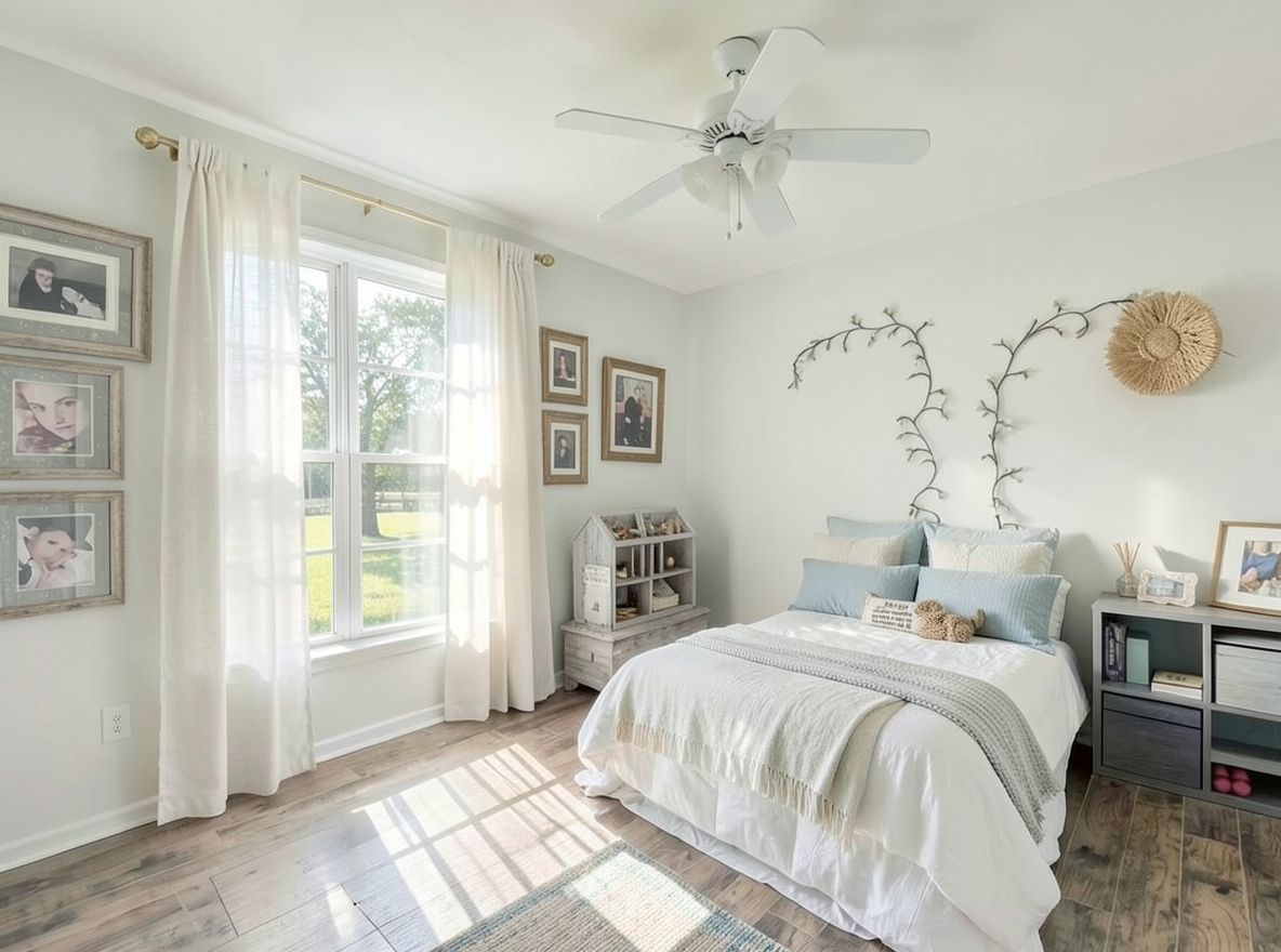 Main redesign studio: Redesign this room in a Coastal interior style: airy whites and soft-blue tones, weathered light wood, natural linen and woven textures, breezy sheer 