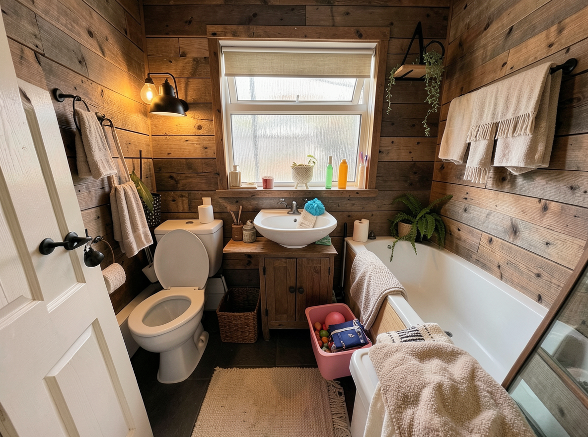 Main redesign studio: Redesign this room in a Farmhouse interior style: shiplap walls, warm reclaimed wood, matte-black fixtures, cozy neutral textiles, vintage accents, so