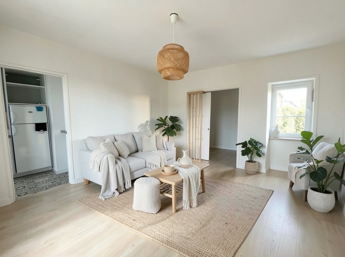 Main redesign studio: Redesign this room in a Scandinavian interior style: light oak wood, a white and soft-grey palette, wool and linen textiles, a woven jute rug, leafy p