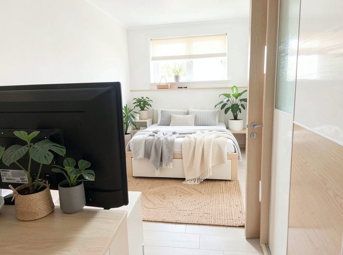 Main redesign studio: Redesign this room in a Scandinavian interior style: light oak wood, a white and soft-grey palette, wool and linen textiles, a woven jute rug, leafy p