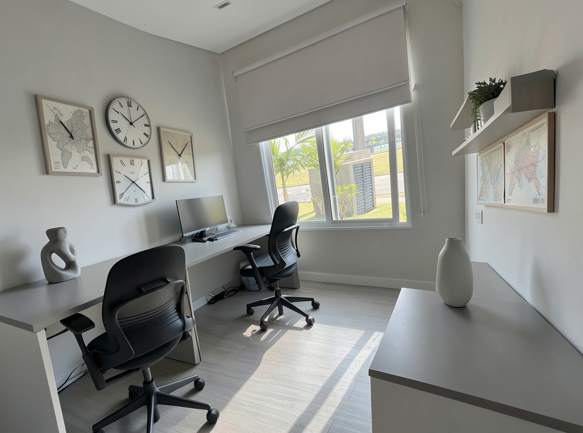 Main redesign studio: Redesign this room in a Minimalist interior style: an uncluttered space, a monochrome neutral palette, a few sculptural pieces, concealed storage, sof