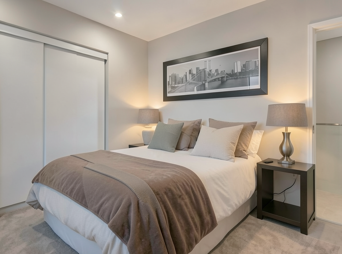 Main redesign studio: Redesign this room in a Modern interior style: clean lines, a neutral palette with bold accents, sleek low-profile furniture, glass and matte-metal su