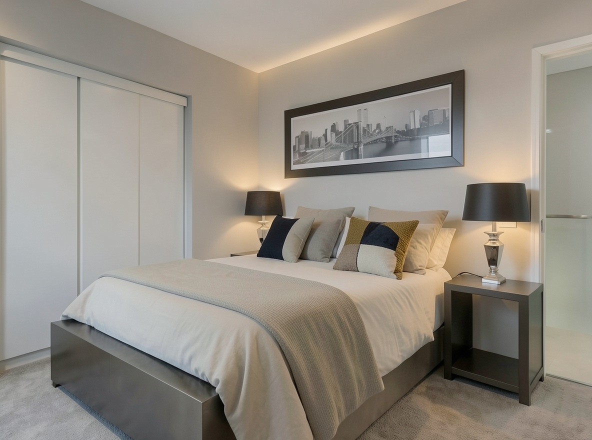 Main redesign studio: Redesign this room in a Modern interior style: clean lines, a neutral palette with bold accents, sleek low-profile furniture, glass and matte-metal su