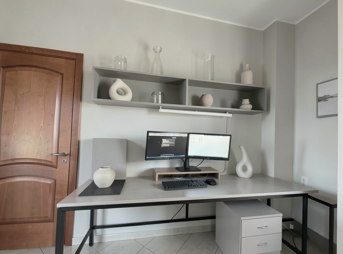 Main redesign studio: Redesign this room in a Minimalist interior style: an uncluttered space, a monochrome neutral palette, a few sculptural pieces, concealed storage, sof