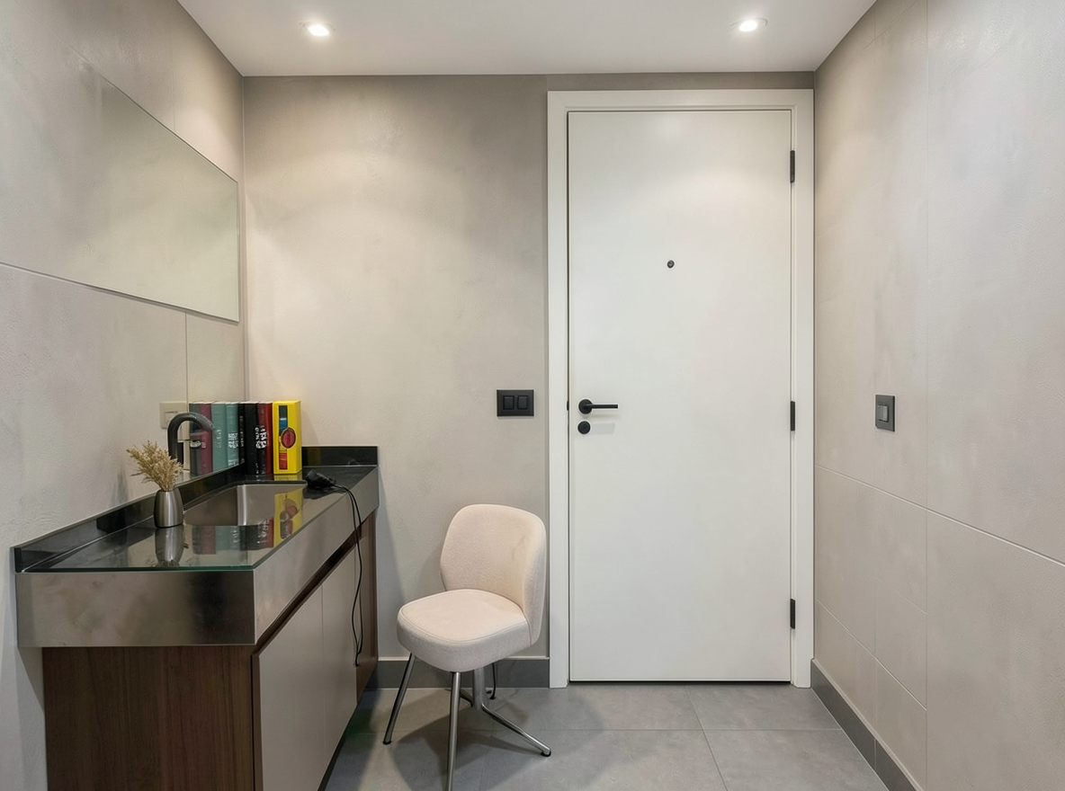 Main redesign studio: Redesign this room in a Modern interior style: clean lines, a neutral palette with bold accents, sleek low-profile furniture, glass and matte-metal su