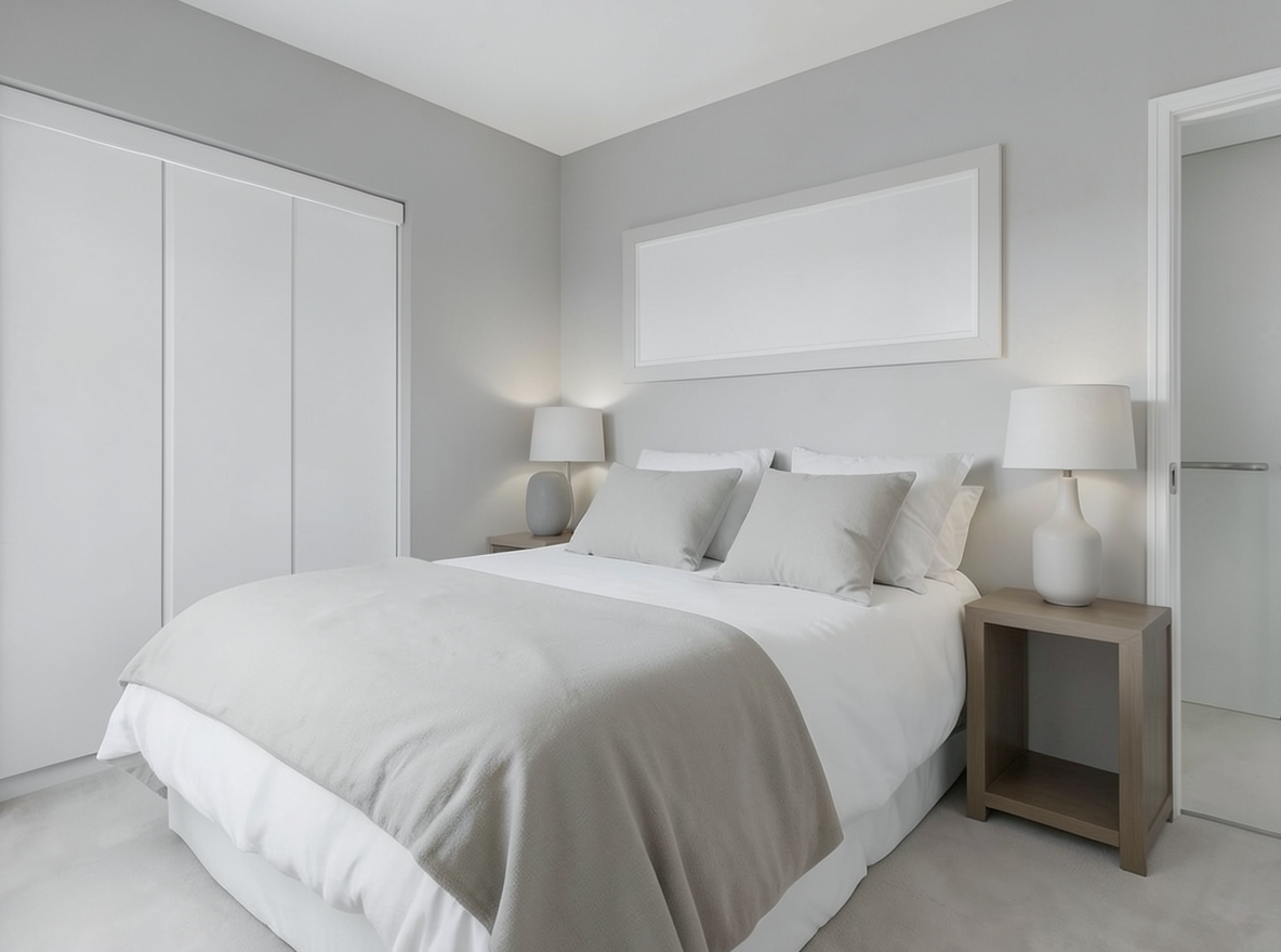 Main redesign studio: Redesign this room in a Minimalist interior style: an uncluttered space, a monochrome neutral palette, a few sculptural pieces, concealed storage, sof