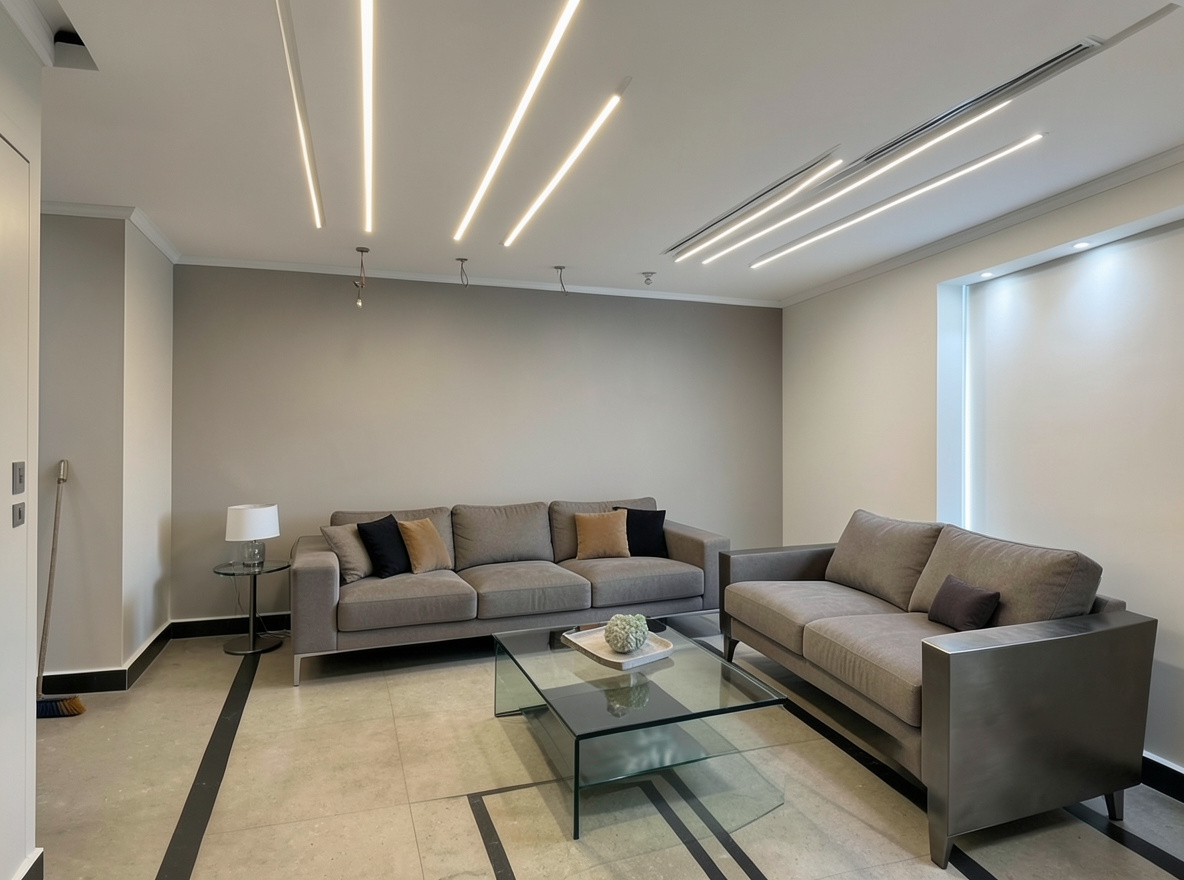 Main redesign studio: Redesign this room in a Modern interior style: clean lines, a neutral palette with bold accents, sleek low-profile furniture, glass and matte-metal su