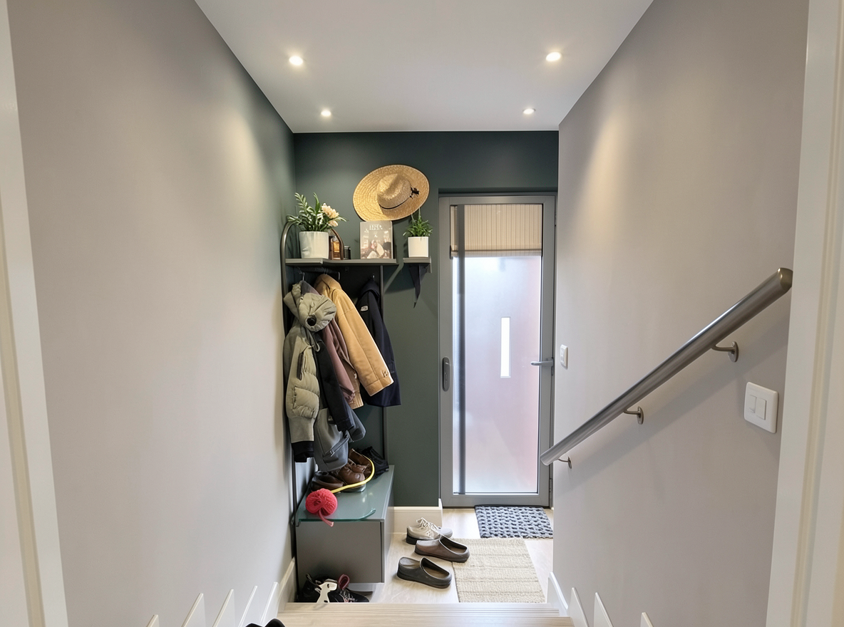 Main redesign studio: Redesign this room in a Modern interior style: clean lines, a neutral palette with bold accents, sleek low-profile furniture, glass and matte-metal su