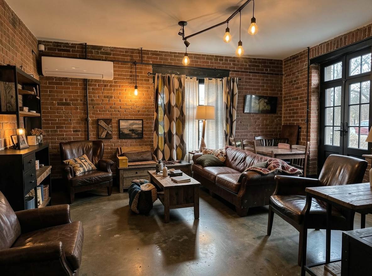 Main redesign studio: Redesign this room in a Industrial interior style: exposed-brick walls, black steel and reclaimed-wood furniture, polished concrete floor, leather acc