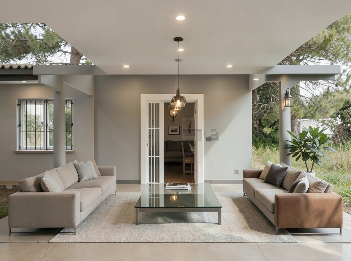 Main redesign studio: Redesign this room in a Modern interior style: clean lines, a neutral palette with bold accents, sleek low-profile furniture, glass and matte-metal su