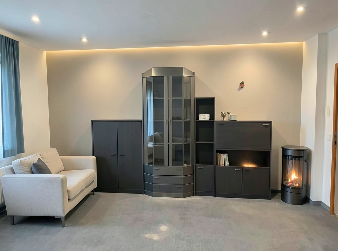 Main redesign studio: Redesign this room in a Modern interior style: clean lines, a neutral palette with bold accents, sleek low-profile furniture, glass and matte-metal su