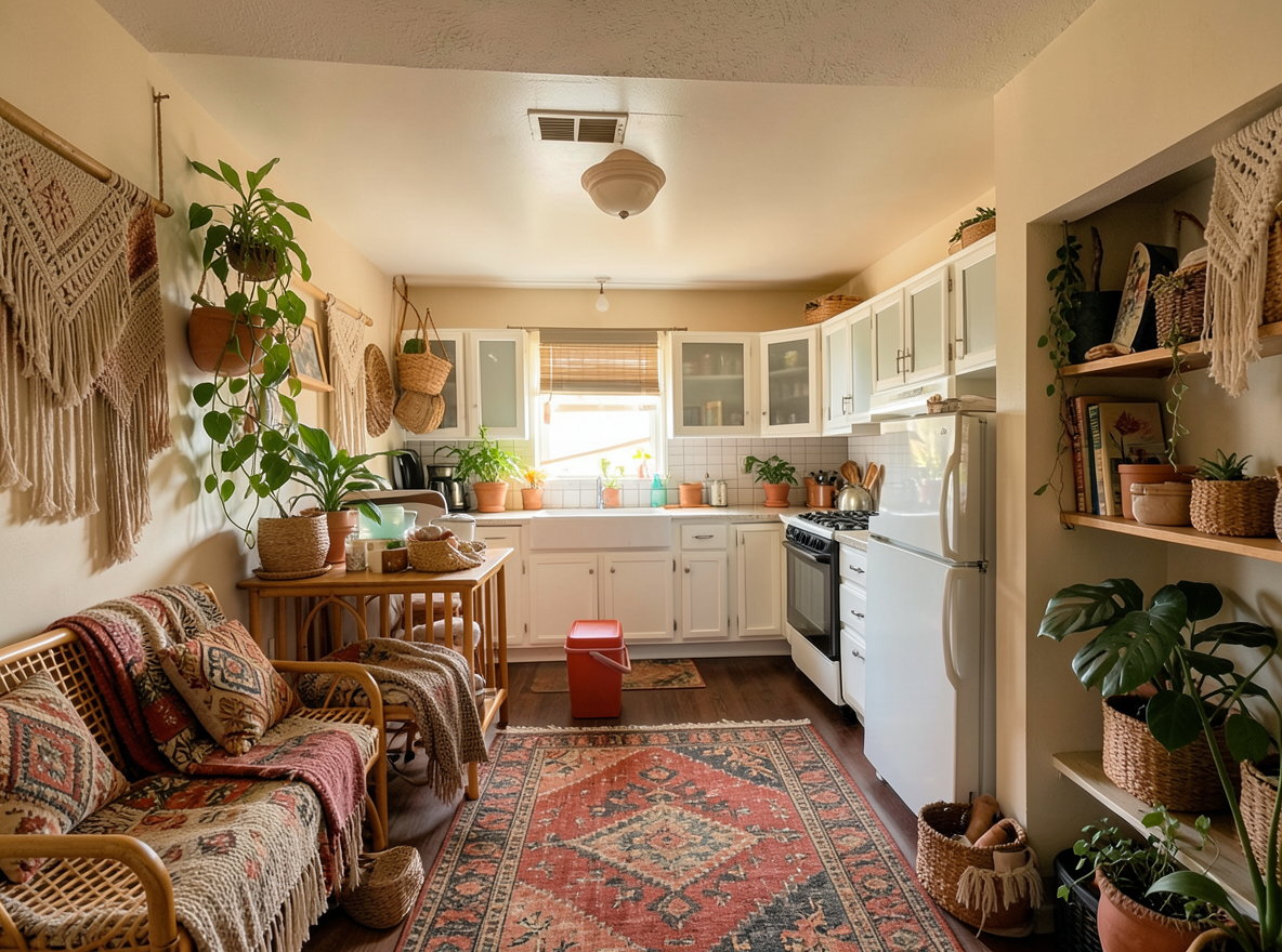 Main redesign studio: Redesign this room in a Boho interior style: layered patterned textiles, rattan and macramé, terracotta and warm earthy tones, abundant plants, vintag