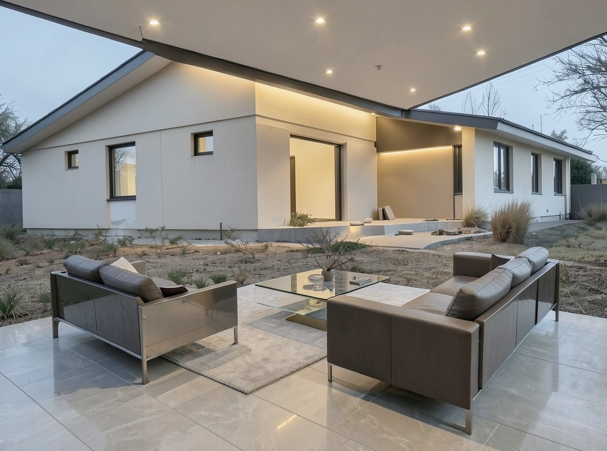 Main redesign studio: Redesign this room in a Modern interior style: clean lines, a neutral palette with bold accents, sleek low-profile furniture, glass and matte-metal su