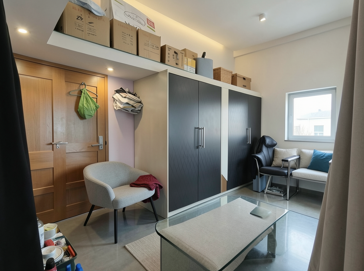 Main redesign studio: Redesign this room in a Modern interior style: clean lines, a neutral palette with bold accents, sleek low-profile furniture, glass and matte-metal su