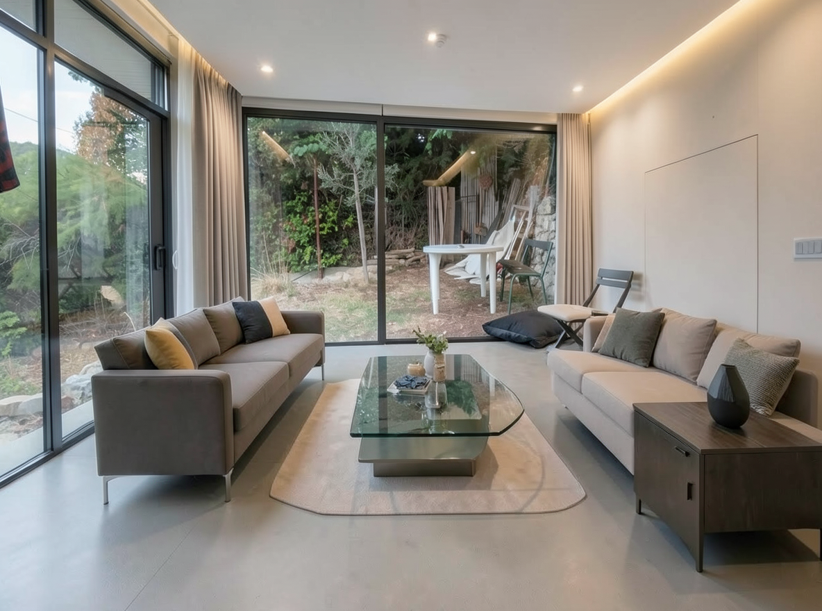 Main redesign studio: Redesign this room in a Modern interior style: clean lines, a neutral palette with bold accents, sleek low-profile furniture, glass and matte-metal su