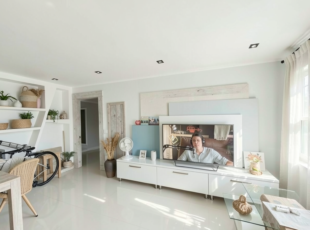 Main redesign studio: Redesign this room in a Coastal interior style: airy whites and soft-blue tones, weathered light wood, natural linen and woven textures, breezy sheer
