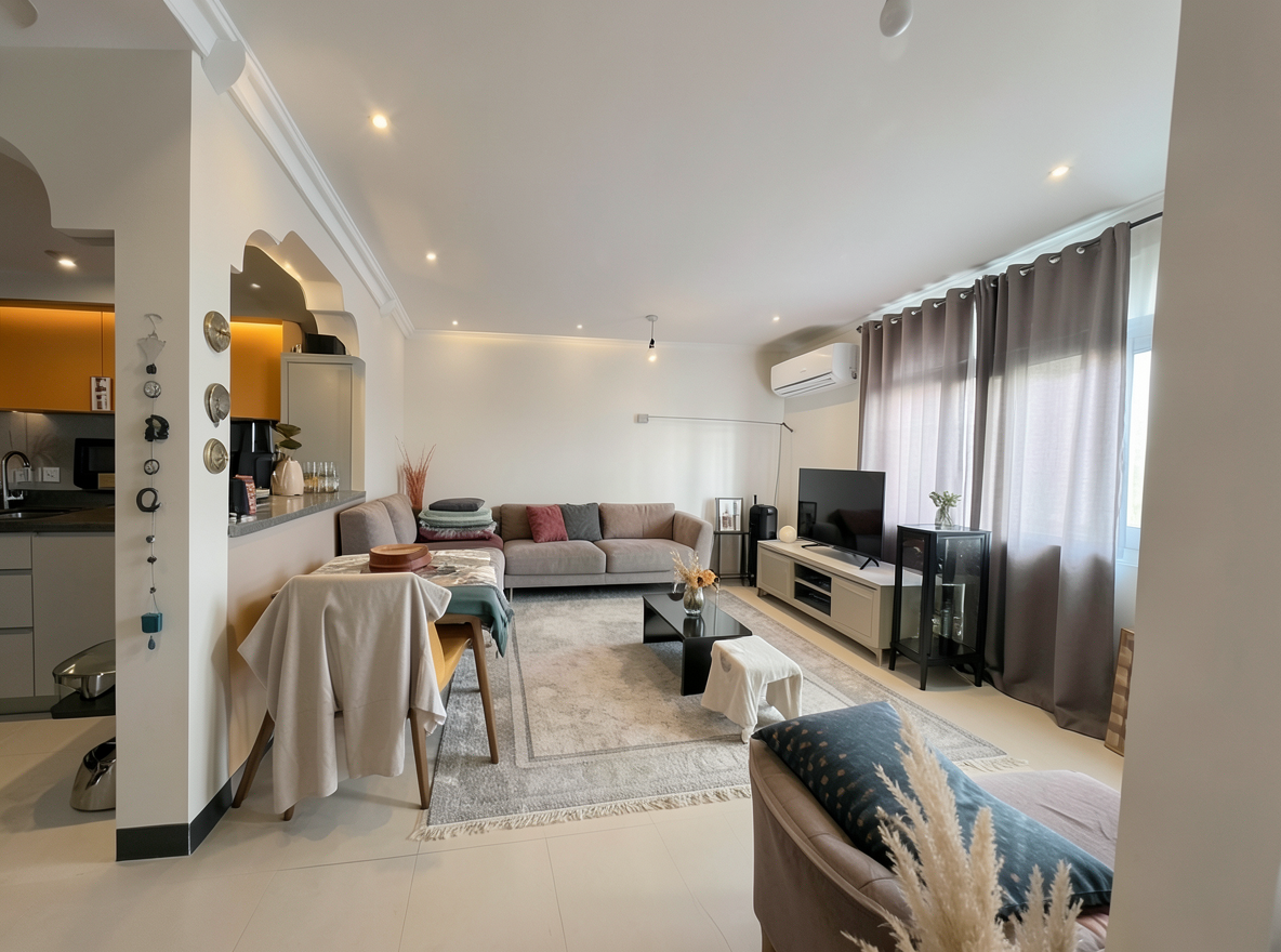 Main redesign studio: Redesign this room in a Modern interior style: clean lines, a neutral palette with bold accents, sleek low-profile furniture, glass and matte-metal su