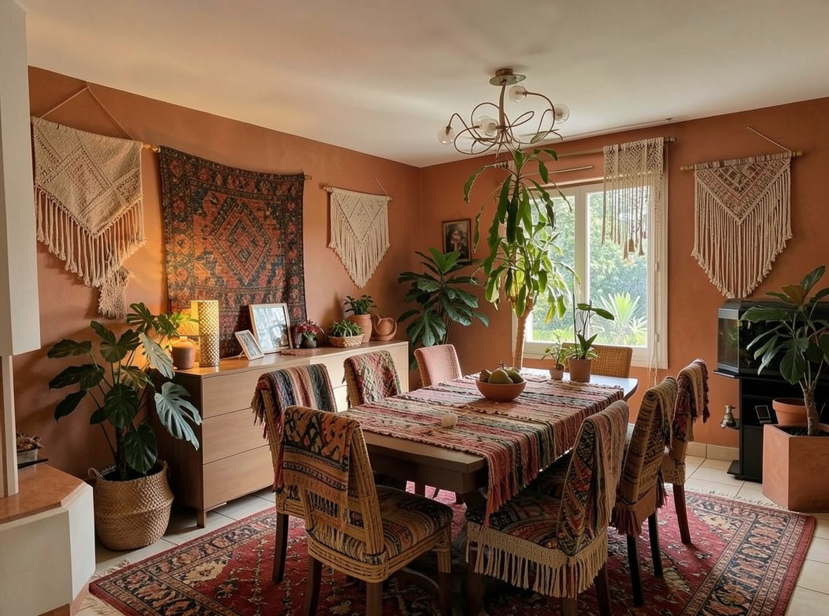 Main redesign studio: Redesign this room in a Boho interior style: layered patterned textiles, rattan and macramé, terracotta and warm earthy tones, abundant plants, vintag