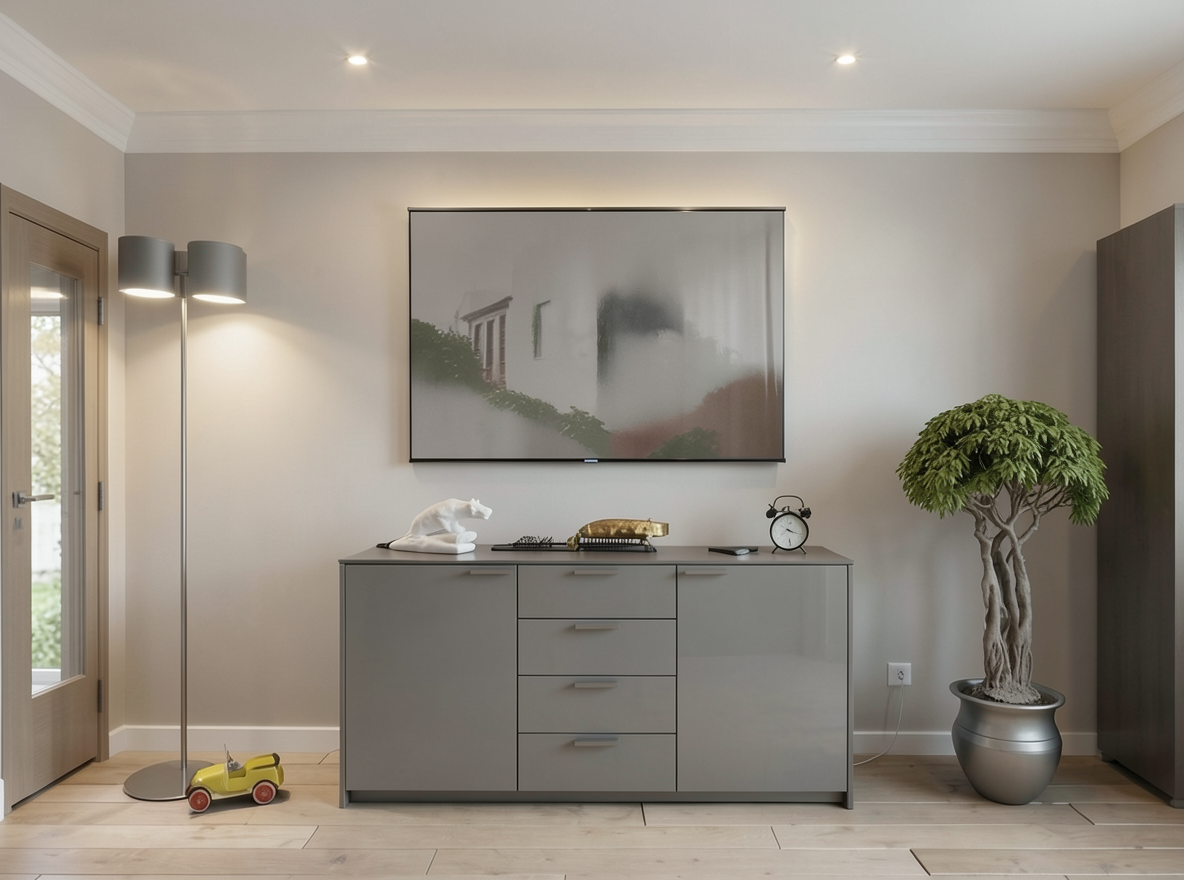 Main redesign studio: Redesign this room in a Modern interior style: clean lines, a neutral palette with bold accents, sleek low-profile furniture, glass and matte-metal su