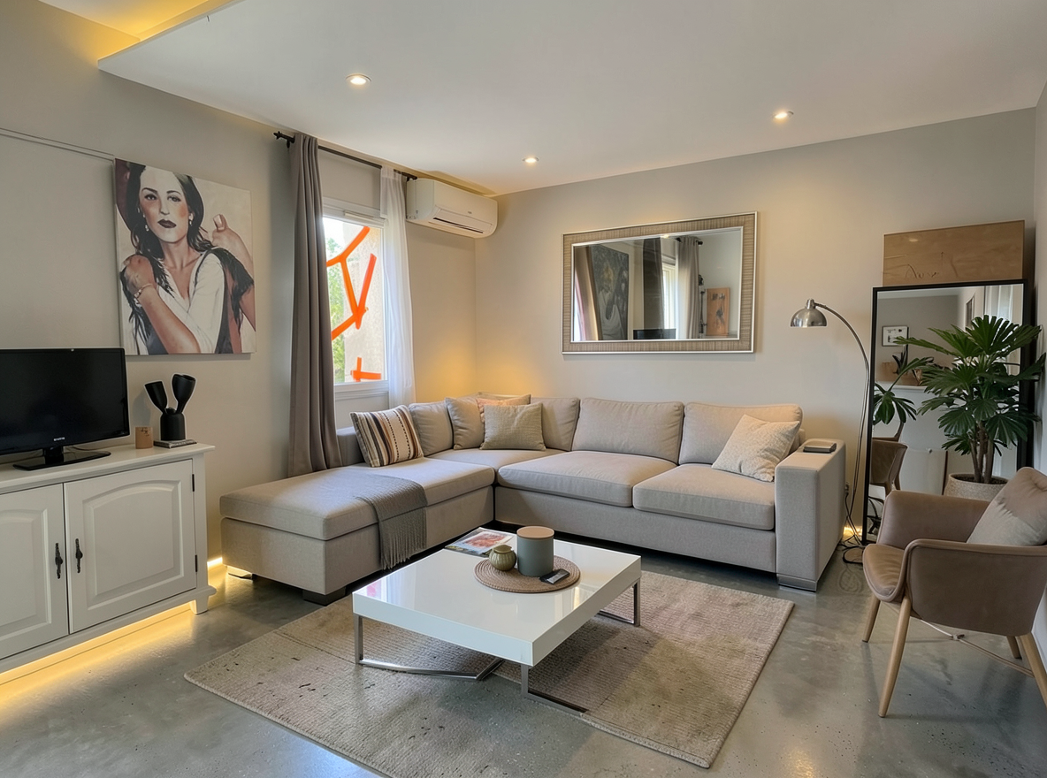 Main redesign studio: Redesign this room in a Modern interior style: clean lines, a neutral palette with bold accents, sleek low-profile furniture, glass and matte-metal su