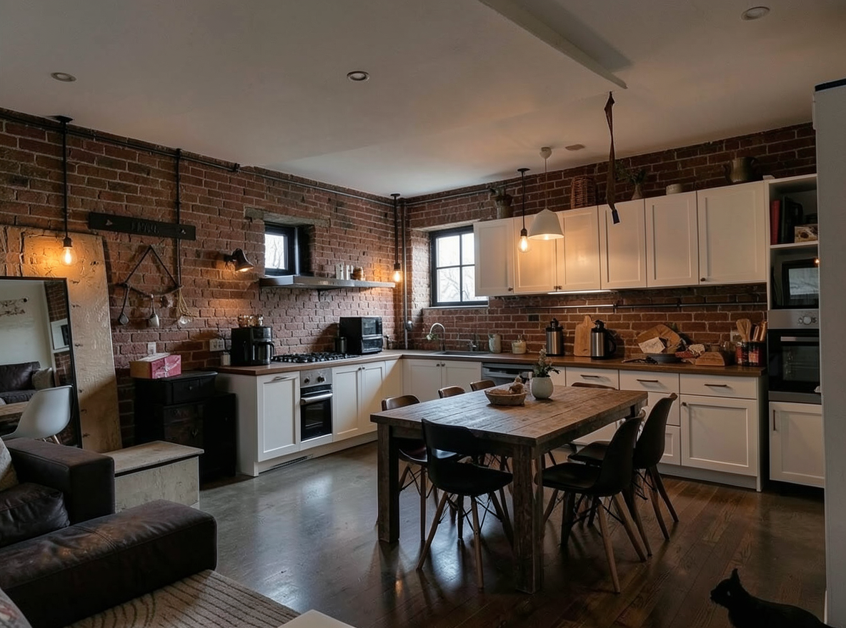 Main redesign studio: Redesign this room in a Industrial interior style: exposed-brick walls, black steel and reclaimed-wood furniture, polished concrete floor, leather acc