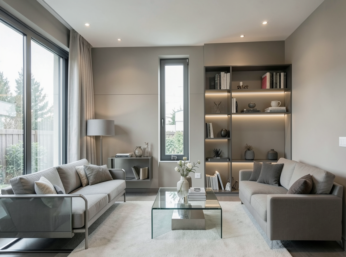Main redesign studio: Redesign this room in a Modern interior style: clean lines, a neutral palette with bold accents, sleek low-profile furniture, glass and matte-metal su