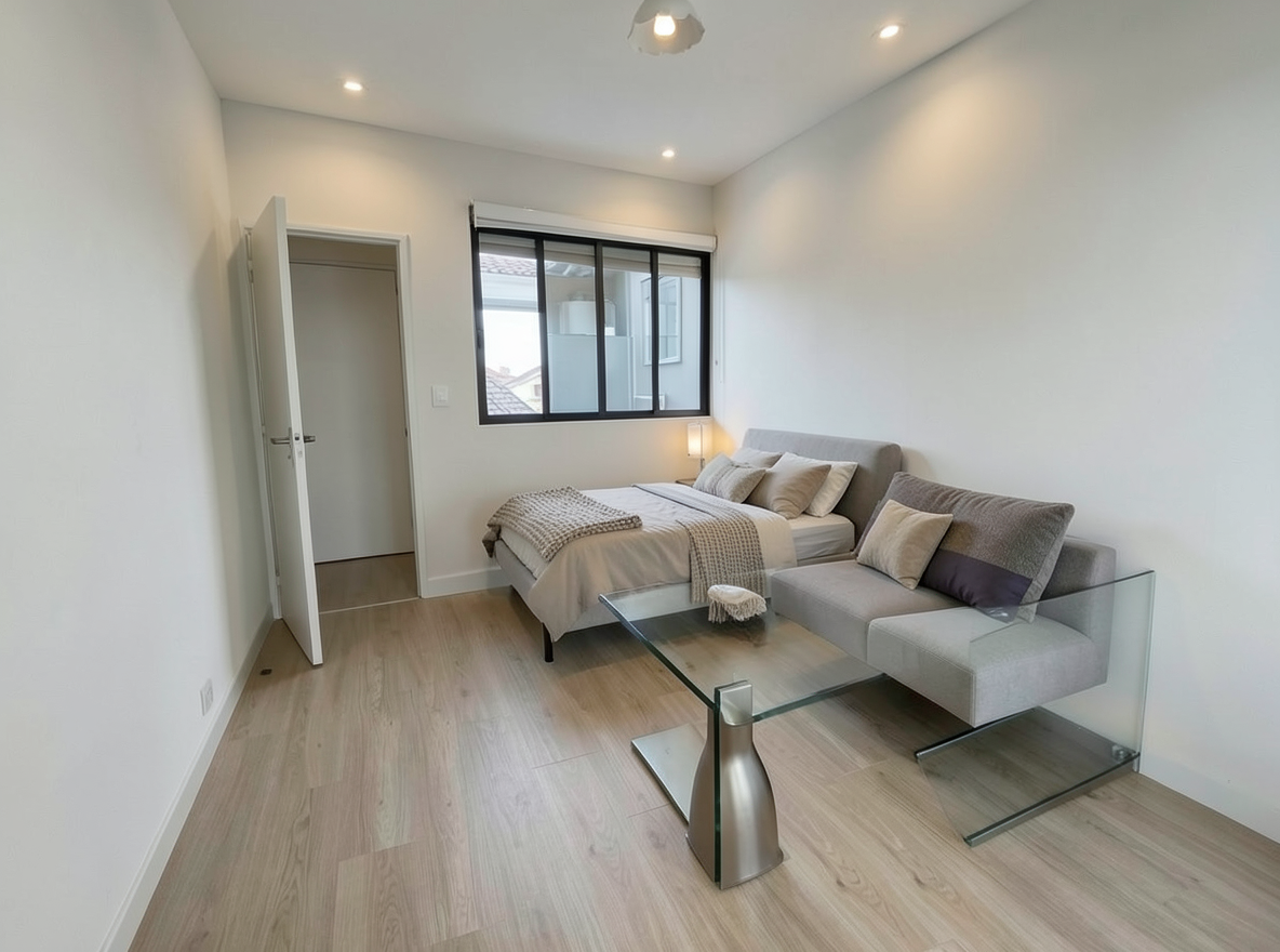 Main redesign studio: Redesign this room in a Modern interior style: clean lines, a neutral palette with bold accents, sleek low-profile furniture, glass and matte-metal su