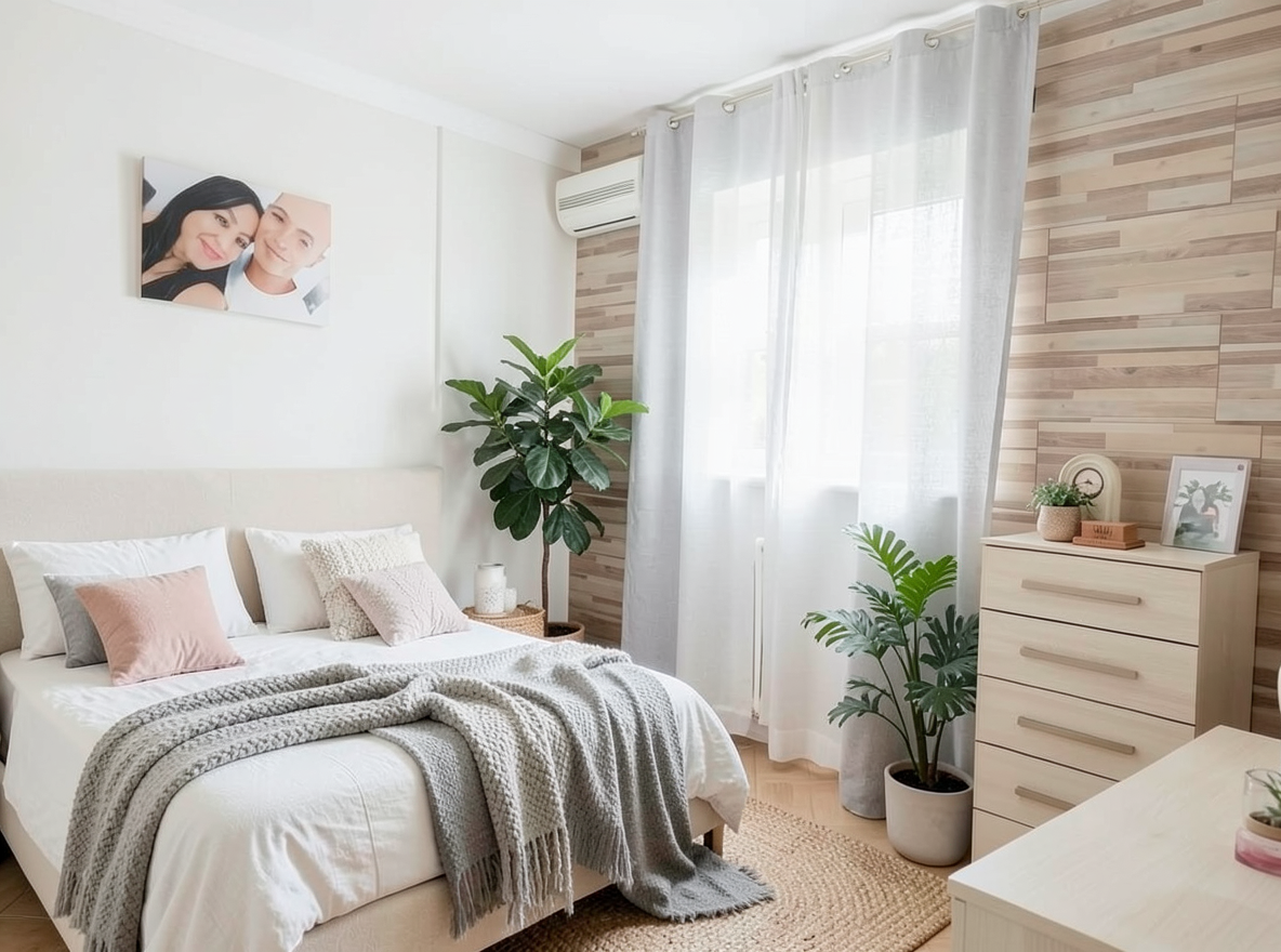 Main redesign studio: Redesign this room in a Scandinavian interior style: light oak wood, a white and soft-grey palette, wool and linen textiles, a woven jute rug, leafy p