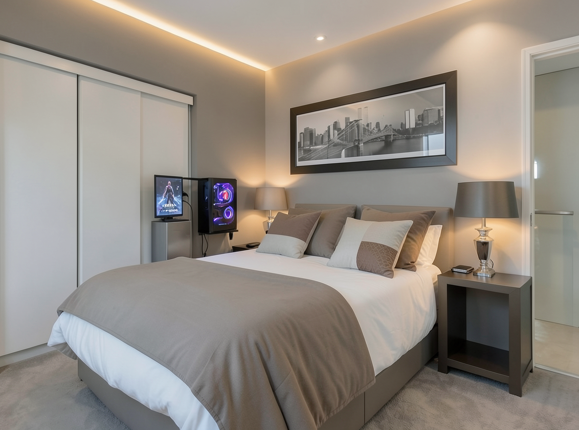Main redesign studio: Redesign this room in a Modern interior style: clean lines, a neutral palette with bold accents, sleek low-profile furniture, glass and matte-metal su