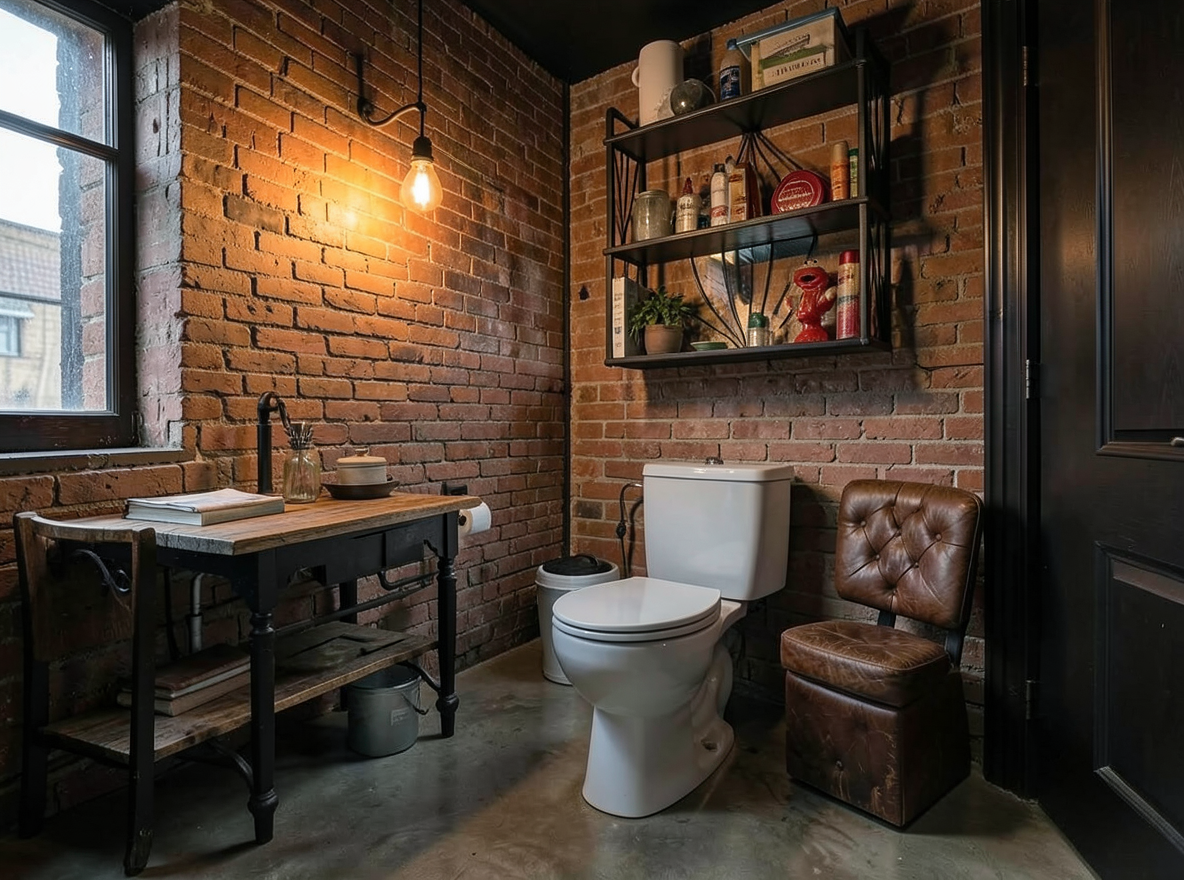 Main redesign studio: Redesign this room in a Industrial interior style: exposed-brick walls, black steel and reclaimed-wood furniture, polished concrete floor, leather acc