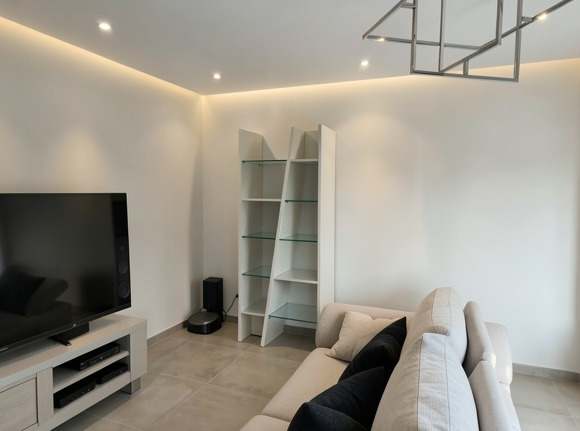 Main redesign studio: Redesign this room in a Modern interior style: clean lines, a neutral palette with bold accents, sleek low-profile furniture, glass and matte-metal su