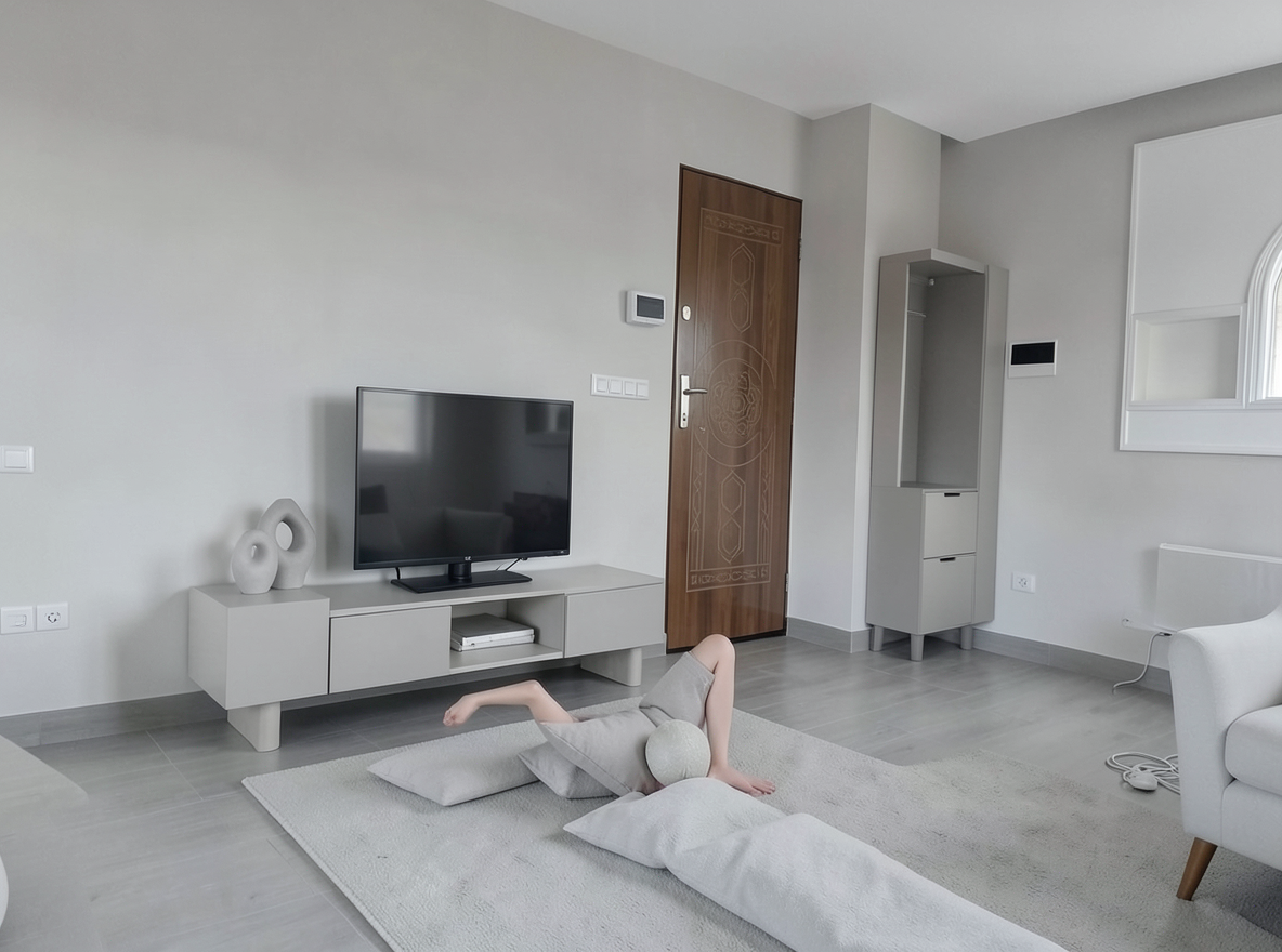 Main redesign studio: Redesign this room in a Minimalist interior style: an uncluttered space, a monochrome neutral palette, a few sculptural pieces, concealed storage, sof