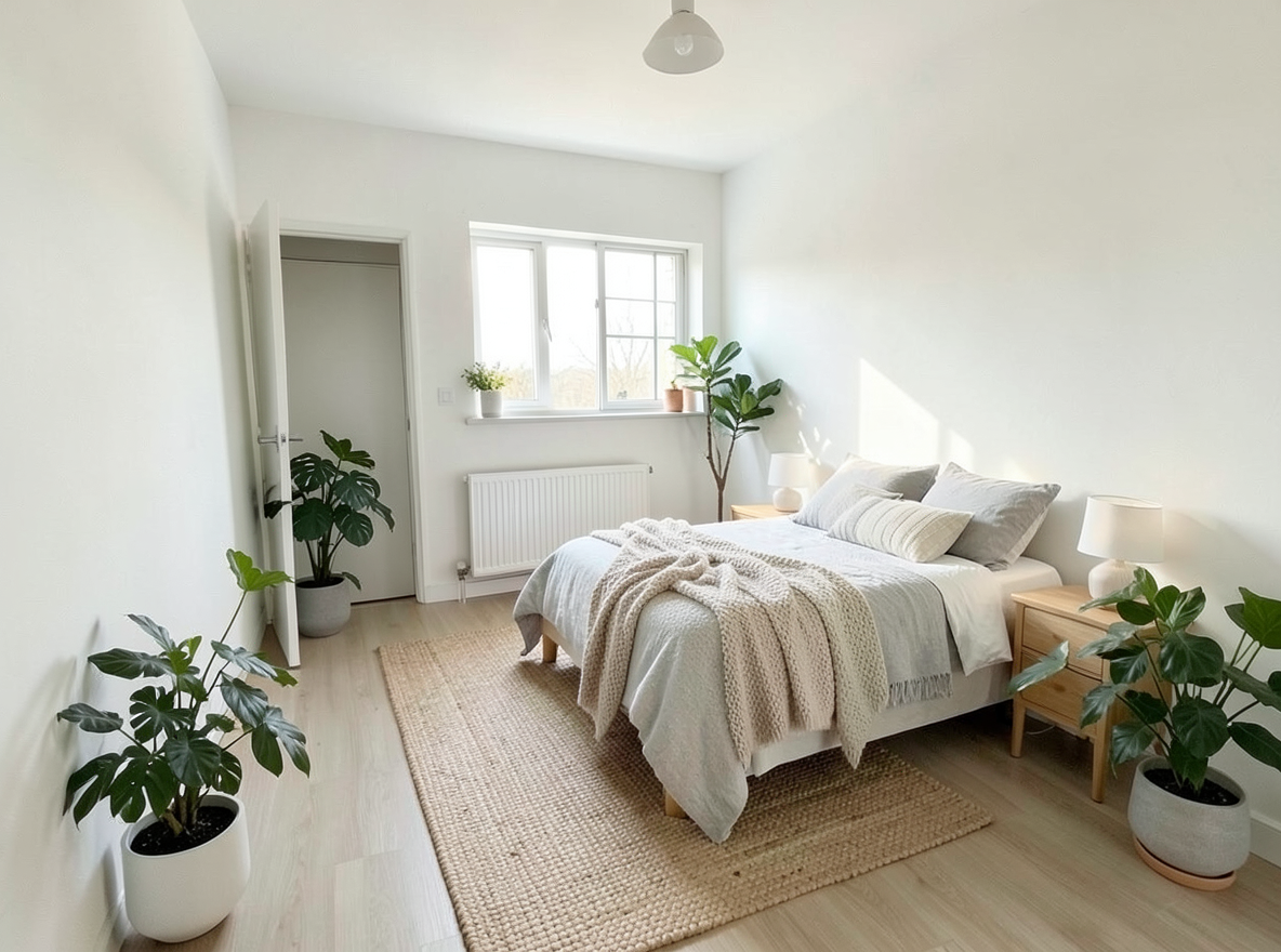 Main redesign studio: Redesign this room in a Scandinavian interior style: light oak wood, a white and soft-grey palette, wool and linen textiles, a woven jute rug, leafy p