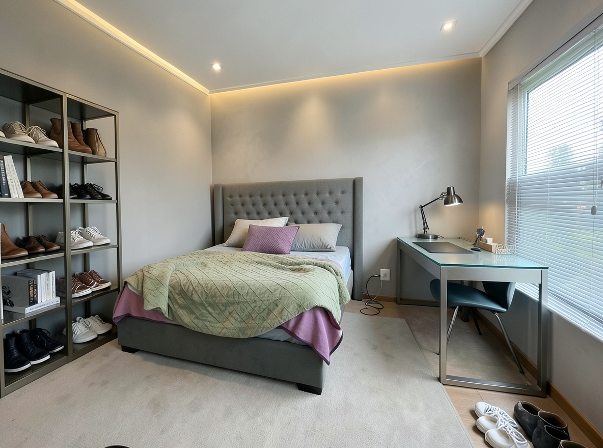 Main redesign studio: Redesign this room in a Modern interior style: clean lines, a neutral palette with bold accents, sleek low-profile furniture, glass and matte-metal su