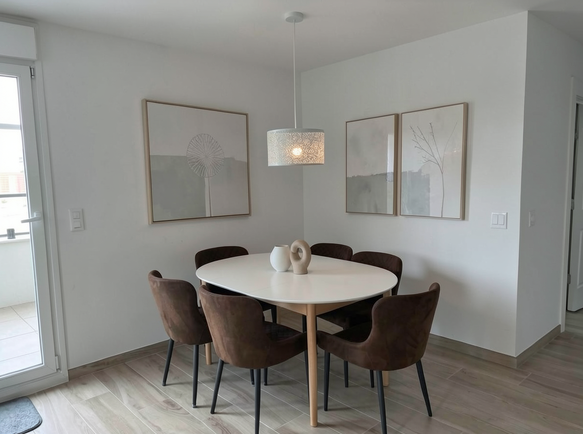 Main redesign studio: Redesign this room in a Minimalist interior style: an uncluttered space, a monochrome neutral palette, a few sculptural pieces, concealed storage, sof