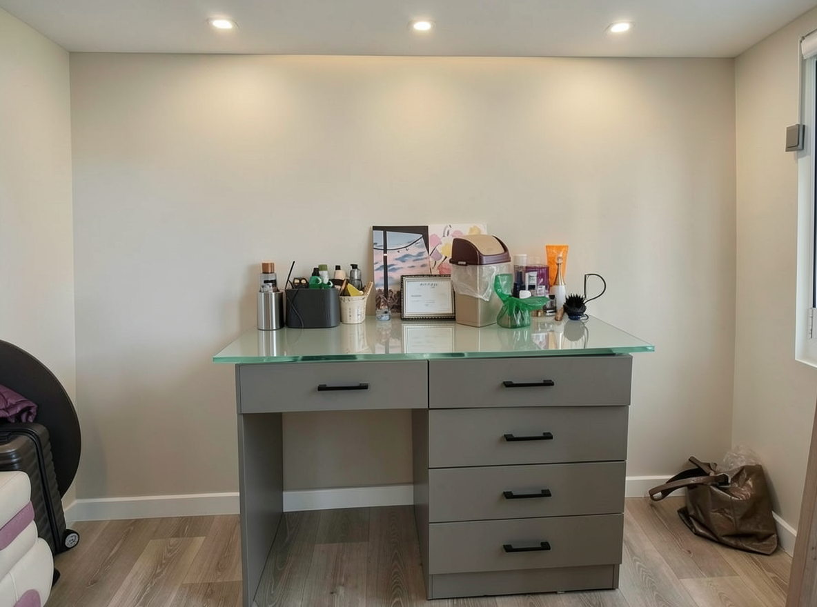 Main redesign studio: Redesign this room in a Modern interior style: clean lines, a neutral palette with bold accents, sleek low-profile furniture, glass and matte-metal su