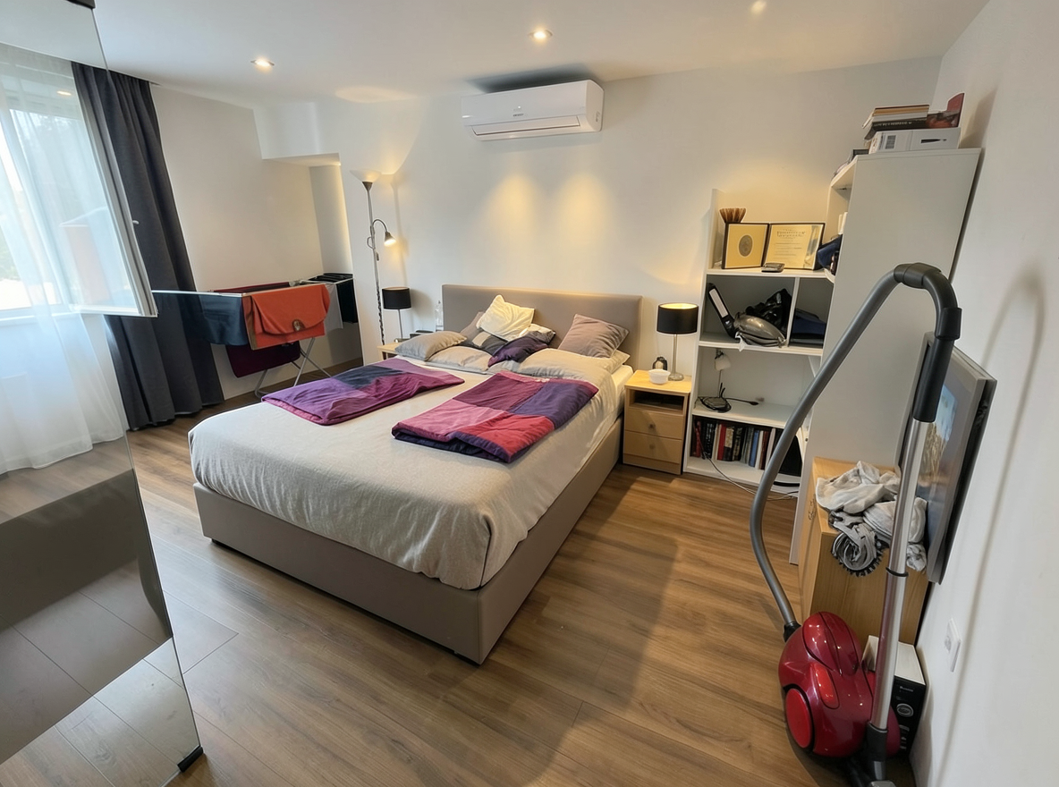 Main redesign studio: Redesign this room in a Modern interior style: clean lines, a neutral palette with bold accents, sleek low-profile furniture, glass and matte-metal su