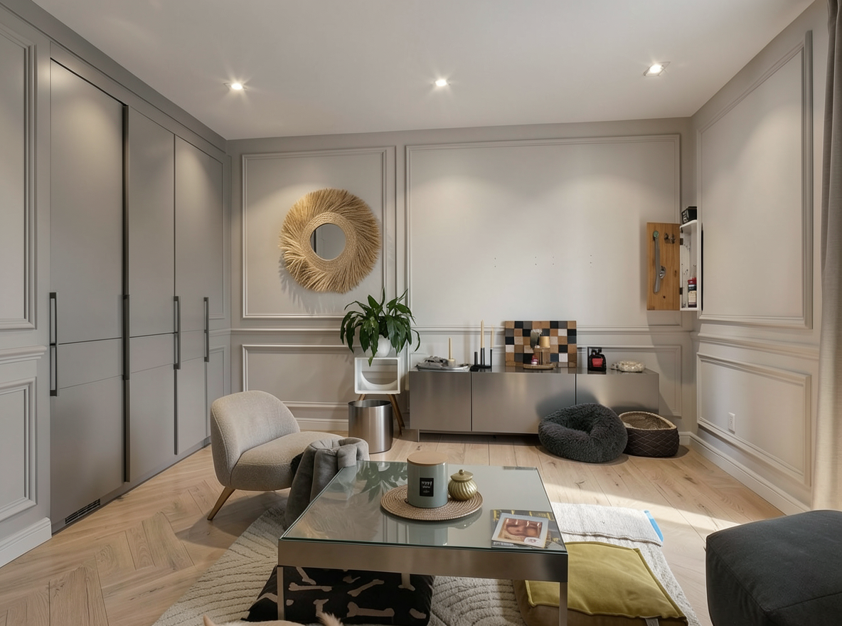 Main redesign studio: Redesign this room in a Modern interior style: clean lines, a neutral palette with bold accents, sleek low-profile furniture, glass and matte-metal su