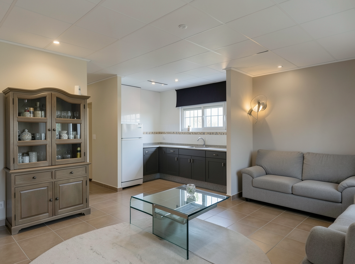 Main redesign studio: Redesign this room in a Modern interior style: clean lines, a neutral palette with bold accents, sleek low-profile furniture, glass and matte-metal su