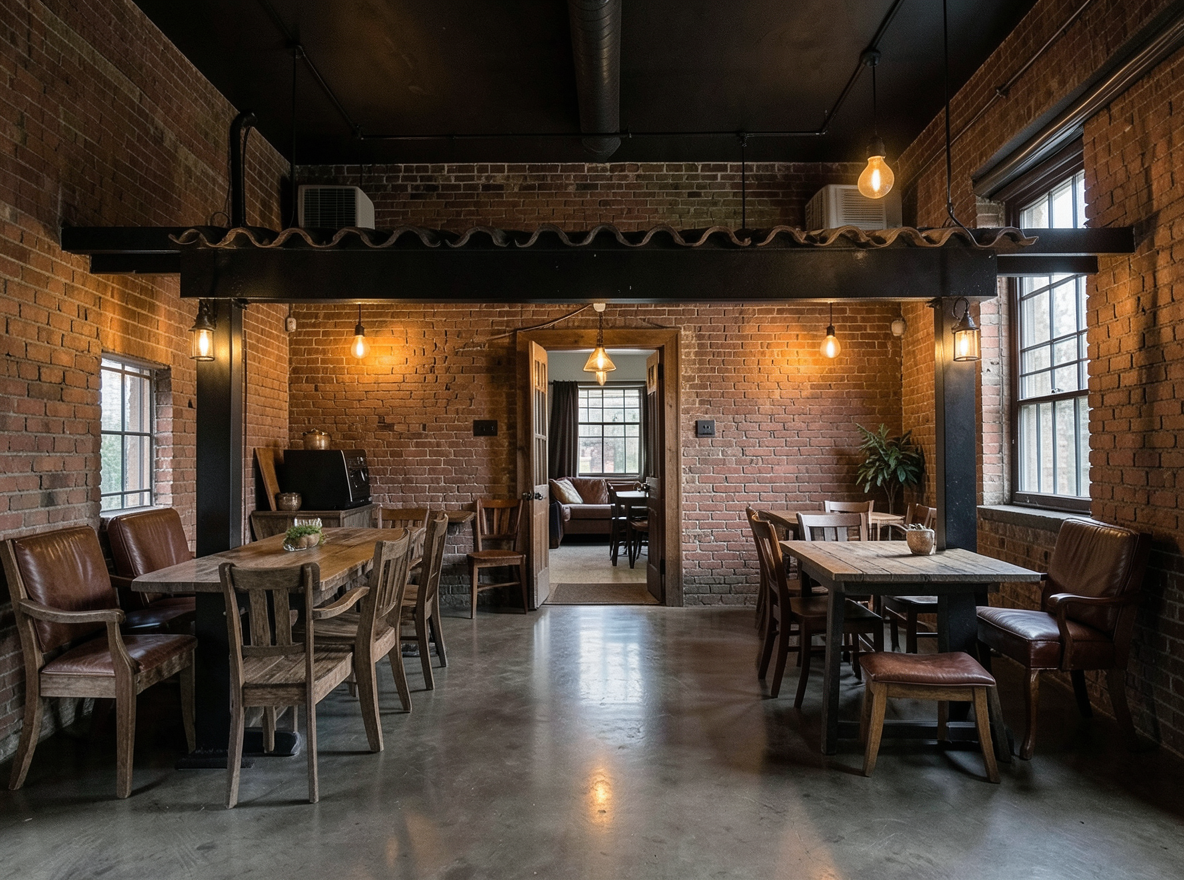 Main redesign studio: Redesign this room in a Industrial interior style: exposed-brick walls, black steel and reclaimed-wood furniture, polished concrete floor, leather acc