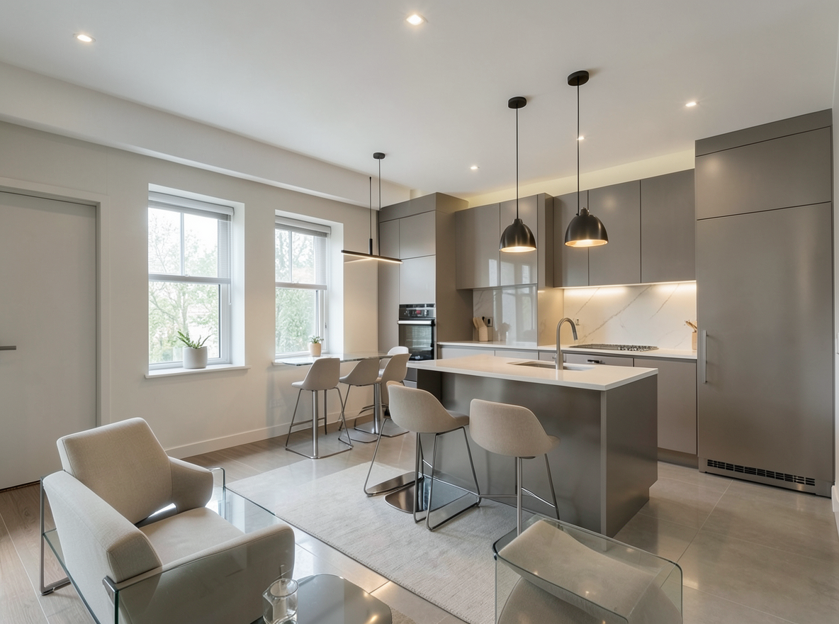 Main redesign studio: Redesign this room in a Modern interior style: clean lines, a neutral palette with bold accents, sleek low-profile furniture, glass and matte-metal su