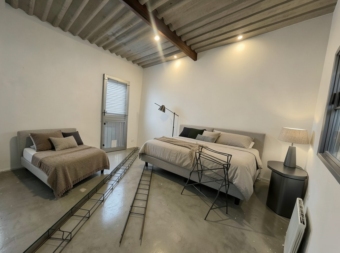 Main redesign studio: Redesign this room in a Modern interior style: clean lines, a neutral palette with bold accents, sleek low-profile furniture, glass and matte-metal su