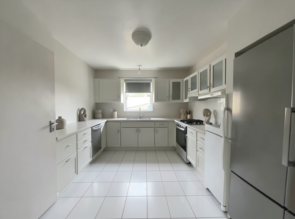 Main redesign studio: Redesign this room in a Minimalist interior style: an uncluttered space, a monochrome neutral palette, a few sculptural pieces, concealed storage, sof