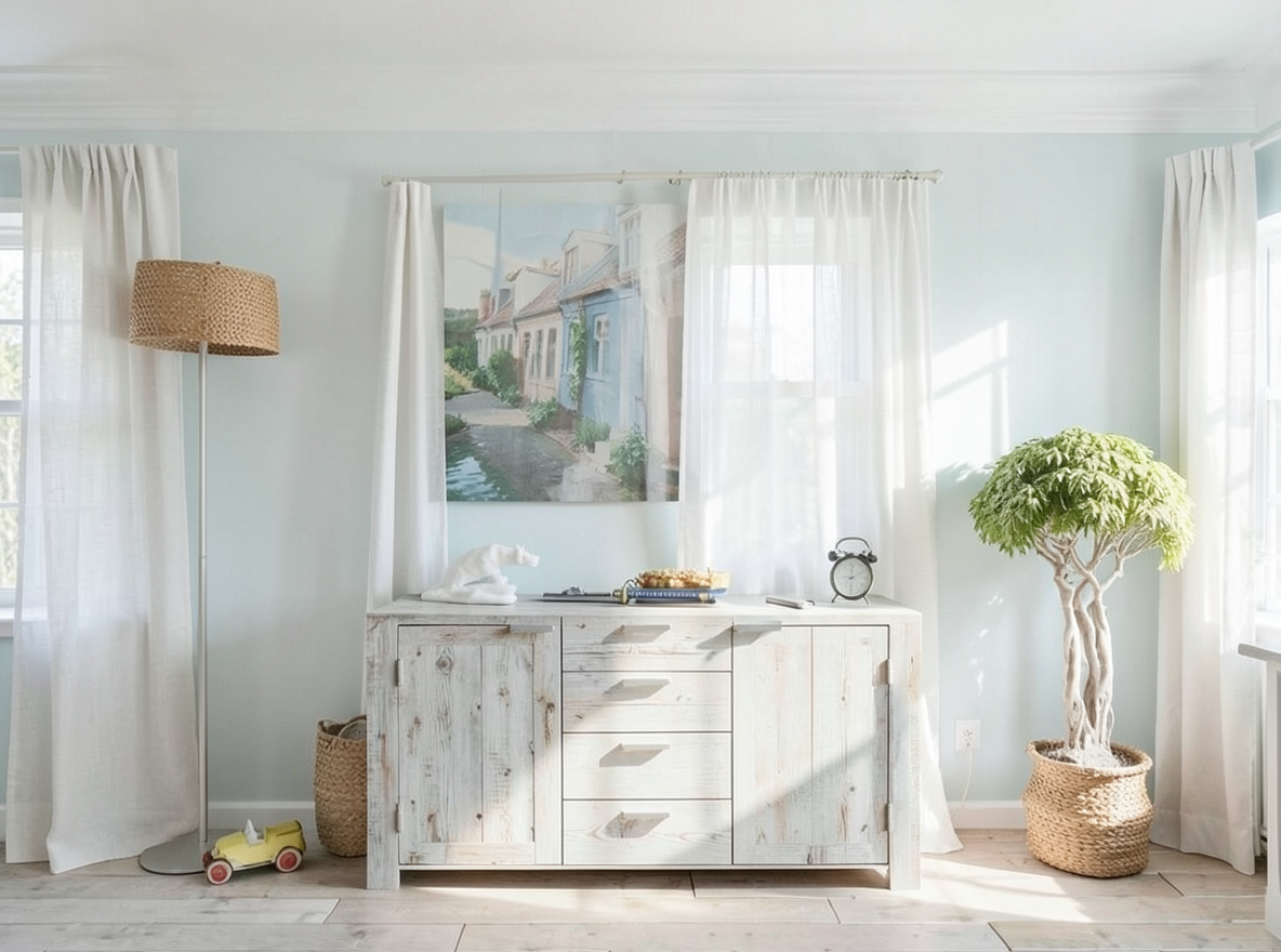 Main redesign studio: Redesign this room in a Coastal interior style: airy whites and soft-blue tones, weathered light wood, natural linen and woven textures, breezy sheer